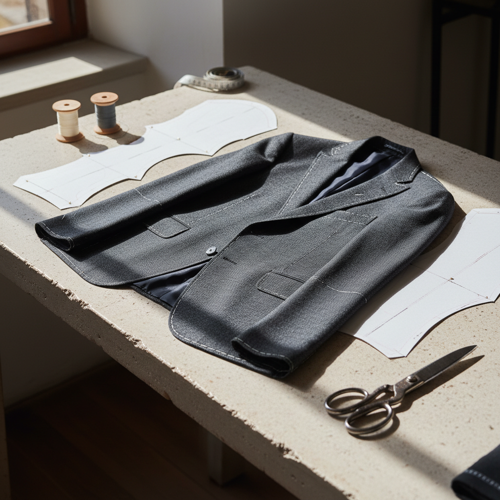 An arrangement of luxury tailoring details laid flat on a pale stone worktable: a half-constructed charcoal suit jacket in fine Italian wool, bespoke paper pattern pieces neatly pinned, a pair of vintage steel tailor’s shears, and spools of ivory and slate-grey thread. The fabric’s subtle herringbone texture is clearly visible, alongside small chalk marks and hand-basted seams. Natural afternoon light from a side window grazes the surface, creating soft shadows and emphasizing depth. Shot from a slightly elevated angle with crisp focus in the foreground and gentle bokeh toward the back, the photographic image feels calm, precise, and minimalist, evoking an intimate look inside a European luxury atelier without any human presence.